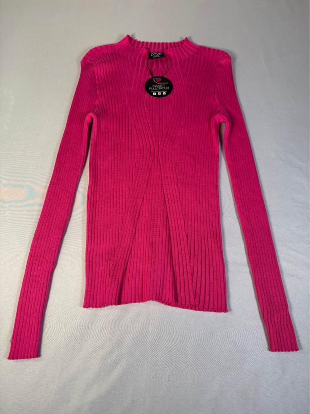 NEW! FCT WITH LOVE Hot Pink Ribbed Knit Long Sleeve Top Size XL